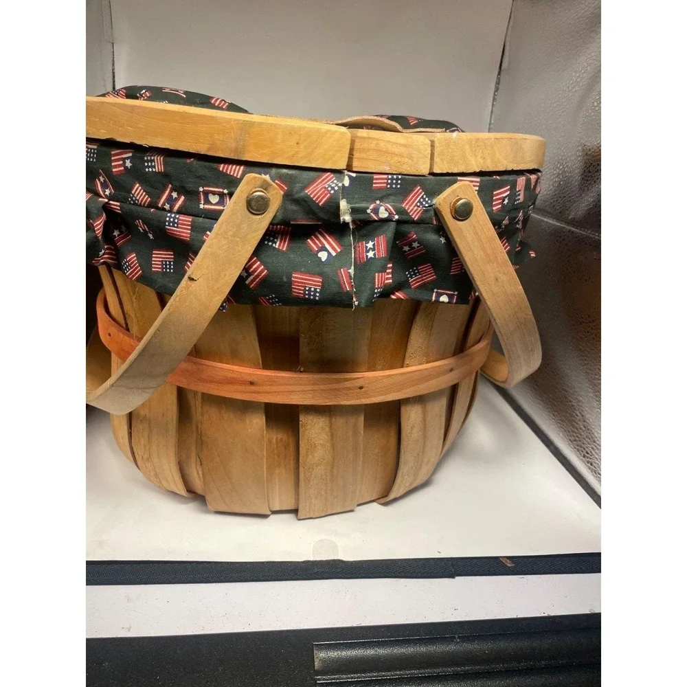 VTG 13Star Wood Double Lid Barrel Weave Basket Lined Flag Heart Leather USA Gift